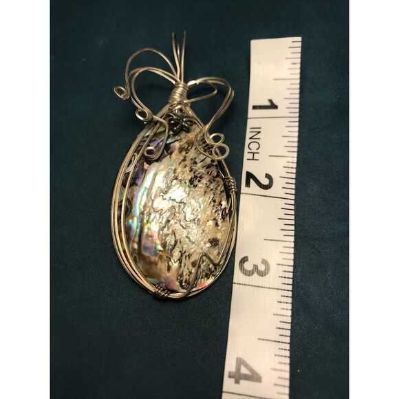 Artisan Abalone Shell Sterling Wire Wrapped Pendent 3” Minimalist - Picture 2 of 9